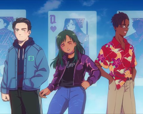 A screenshot from Pivot of Hearts. Three people stand in front of playing cards that resemble them, two men on either end and a woman in between.