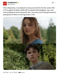 The Legend of Zelda casting announcement on X. The post reads: "This is Miyamoto. I am pleased to announce that for the live-action film of The Legend of Zelda, Zelda will be played by Bo Bragason-san, and Link by Benjamin Evan Ainsworth-san. I am very much looking forward to seeing both of them on the big screen."